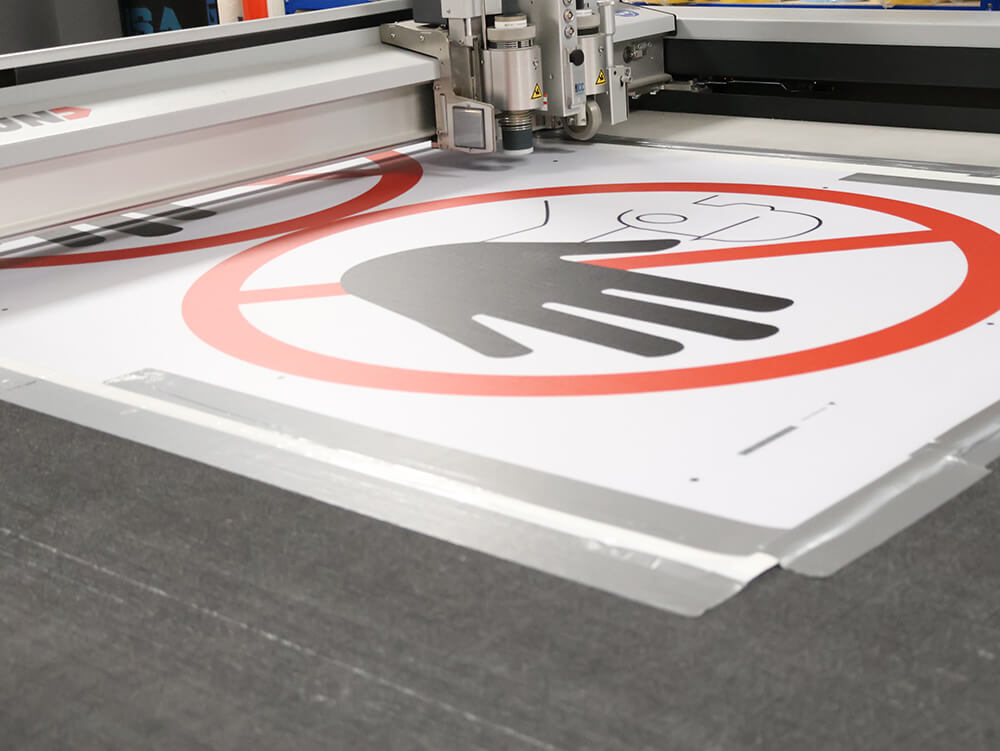 Attention Stop Custom Printed Floor Sign Being Cut on Toolless Cutting Machine 1