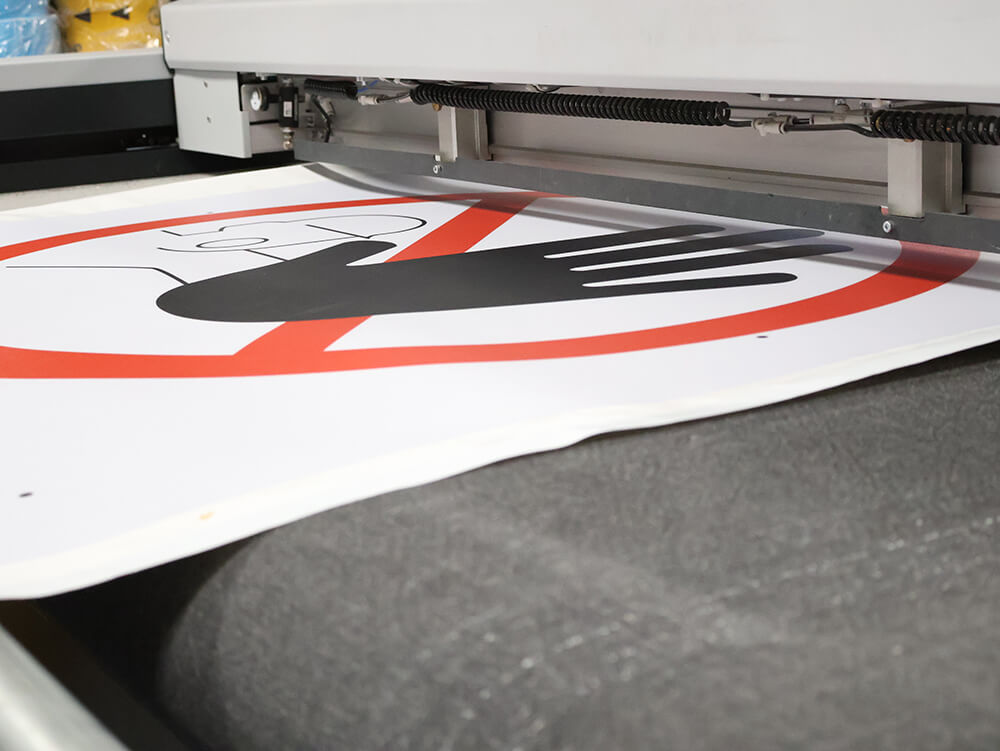 Attention Stop Custom Printed Floor Sign Being Cut on Toolless Cutting Machine 2