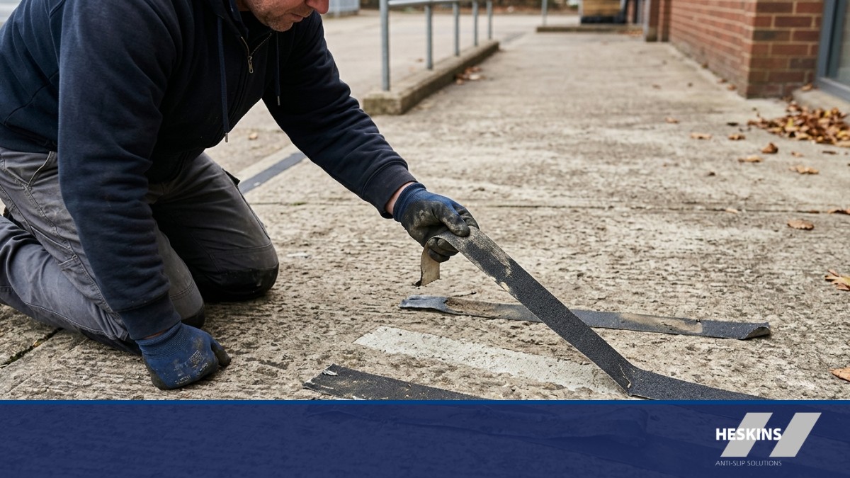 A gloved hand peeling a strip of anti-slip tape away from a step, with a heat gun warming the adhesive